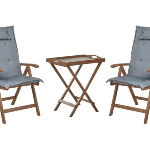 Set bistrot legno di acacia cupo con cuscini grigi AMANTEA
