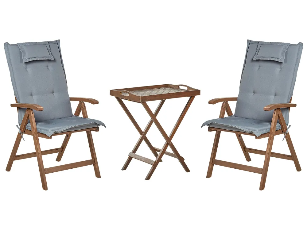 Set bistrot legno di acacia cupo con cuscini grigi AMANTEA
