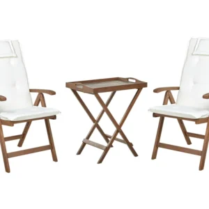Set bistrot legno di acacia scuro con cuscini bianco infangato AMANTEA