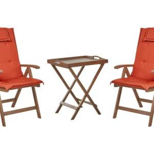 Set bistrot legno di acacia tenebroso con cuscini rossi AMANTEA | Completo di Accessori