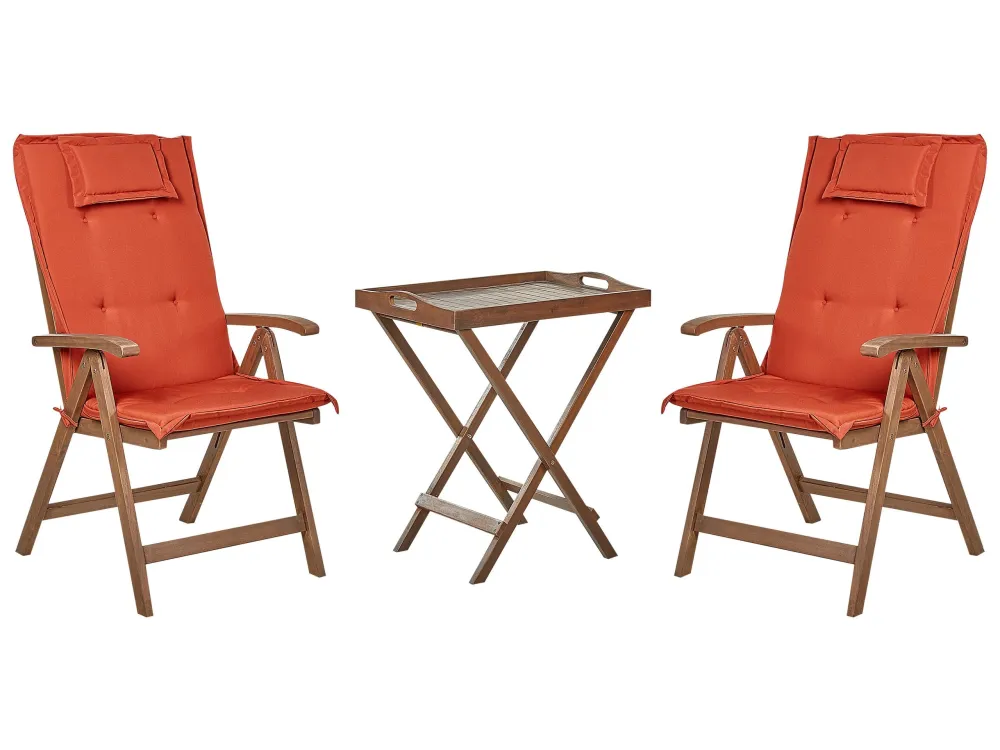 Set bistrot legno di acacia tenebroso con cuscini rossi AMANTEA | Completo di Accessori