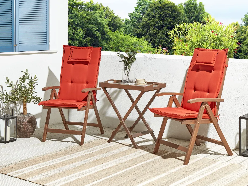 Set bistrot legno di acacia tenebroso con cuscini rossi AMANTEA | Completo di Accessori