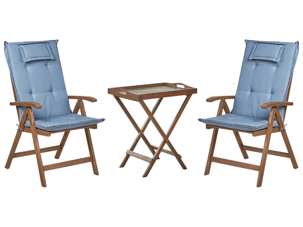 Set bistrot legno di acacia tenebroso con cuscini blu AMANTEA