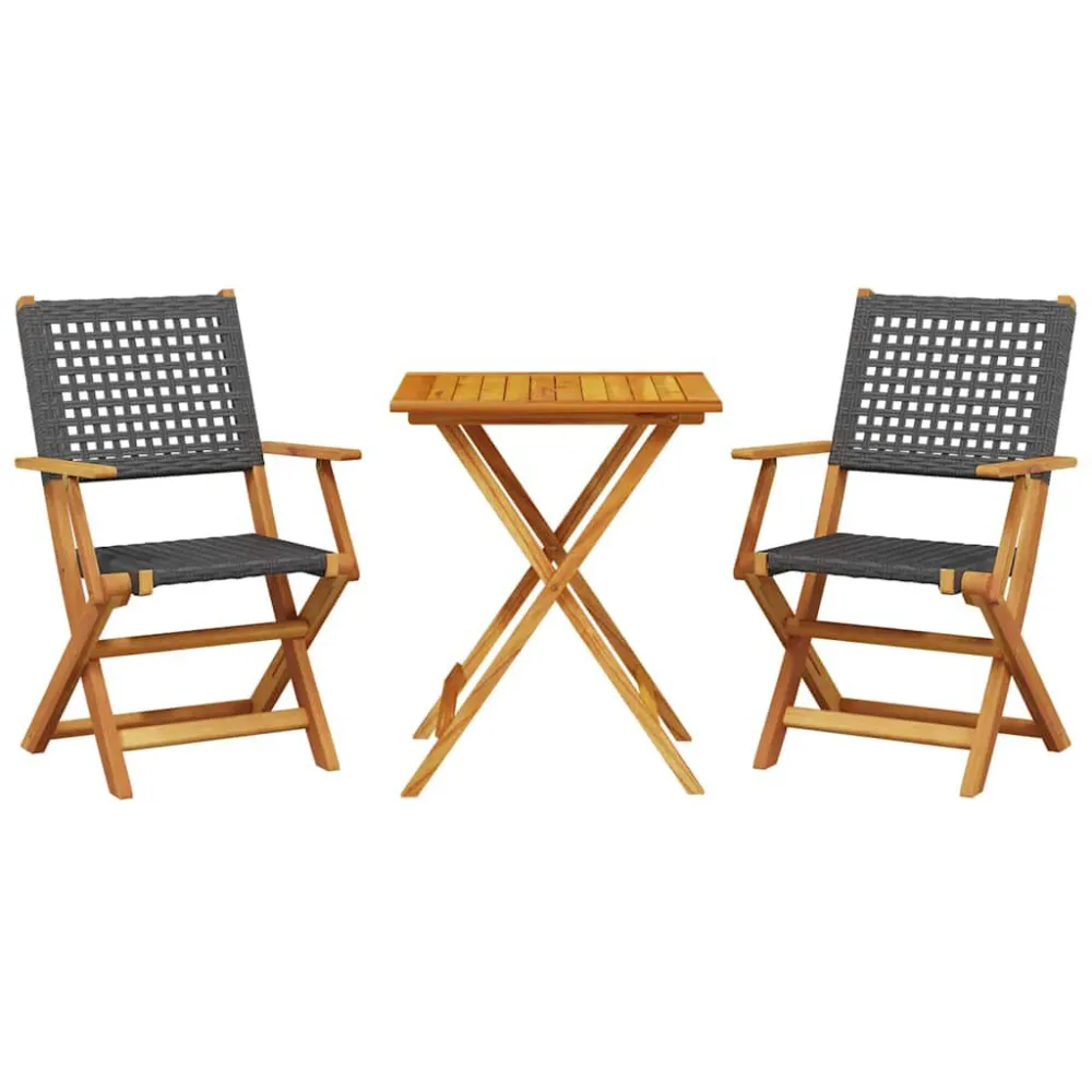 Set da Bistrot 3 pz Nero Polyrattan e Legno Massello Stile Moderno