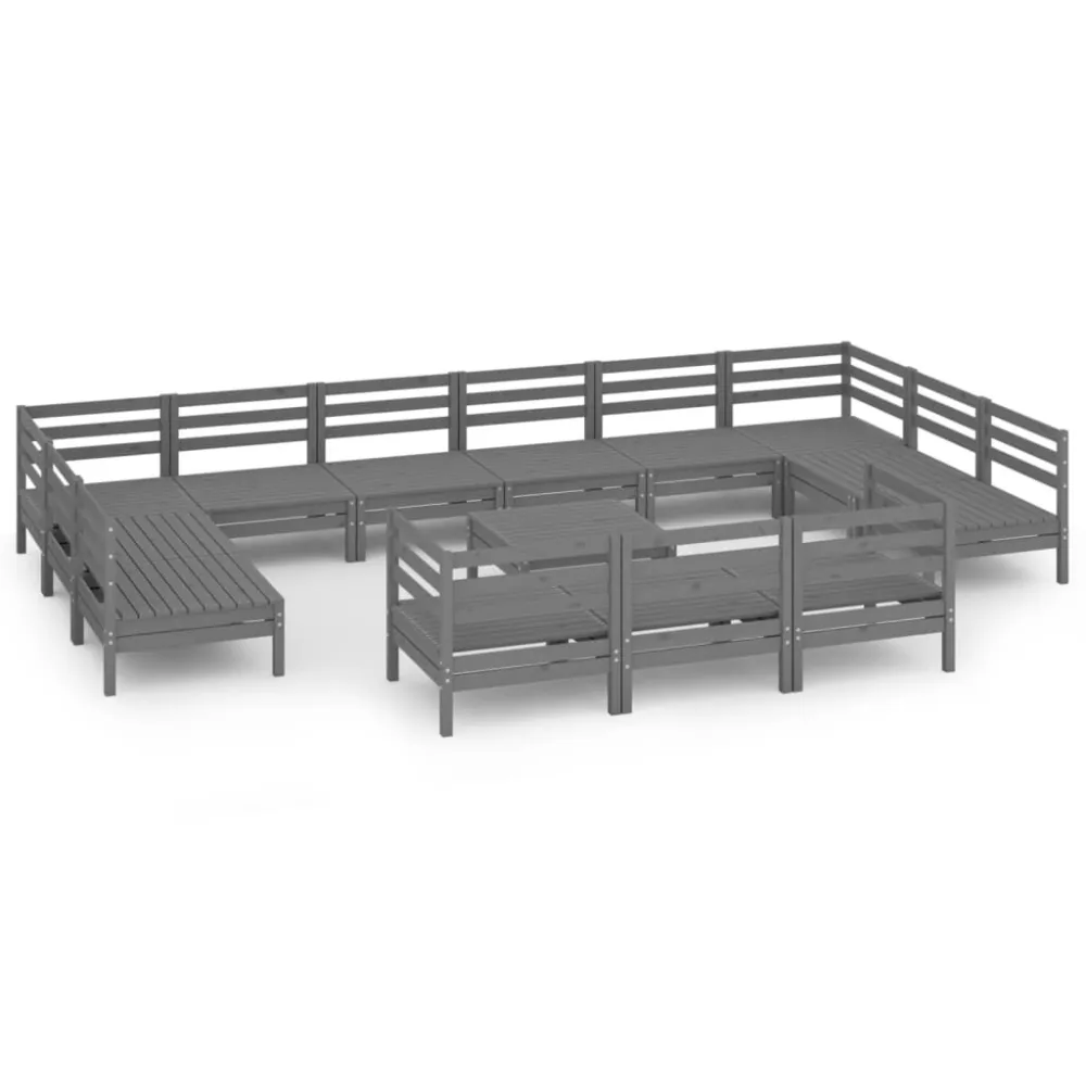Set Giardino Premium Set Salotto da Giardino 14 pz Legno Massello di Pino Grigio