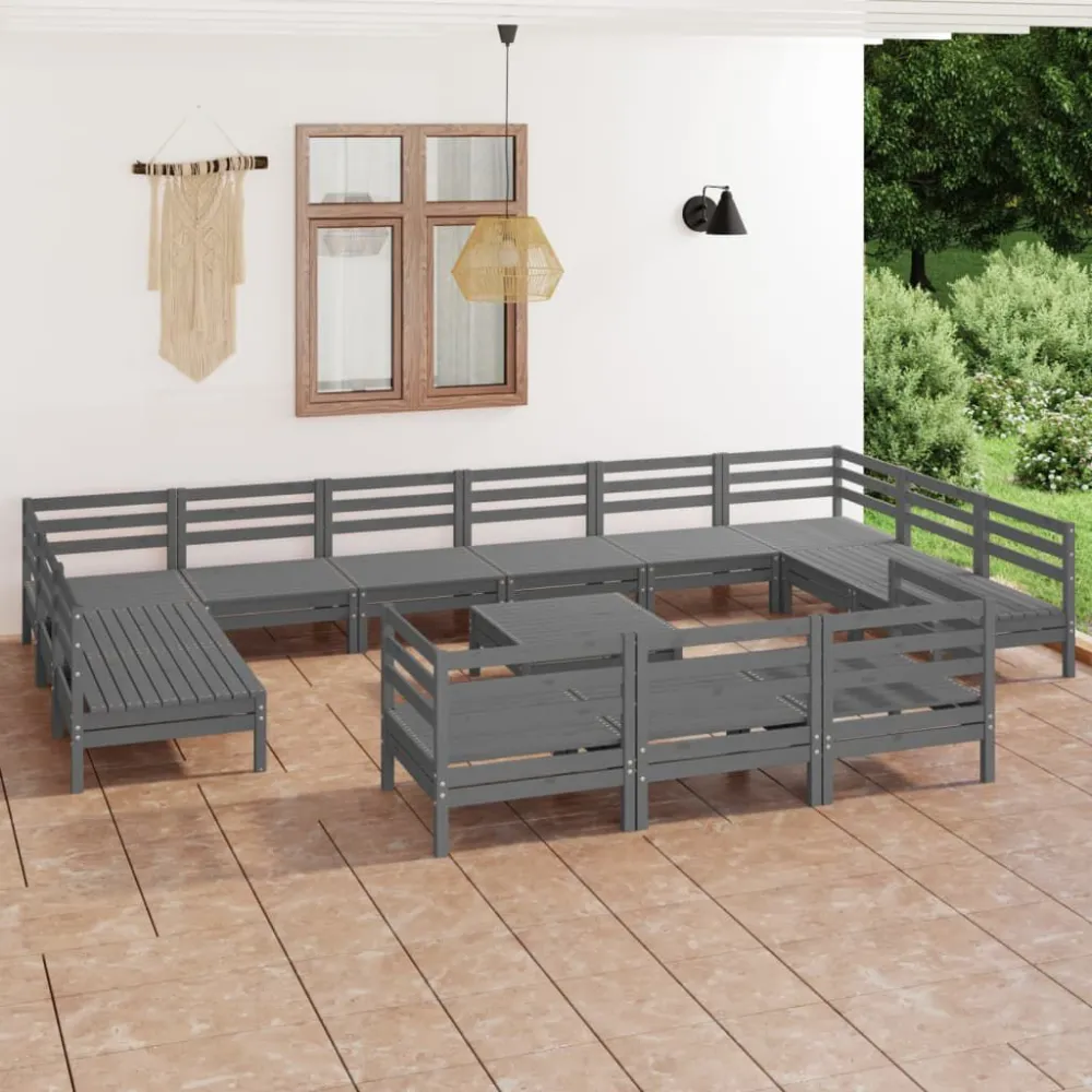 Set Giardino Premium Set Salotto da Giardino 14 pz Legno Massello di Pino Grigio