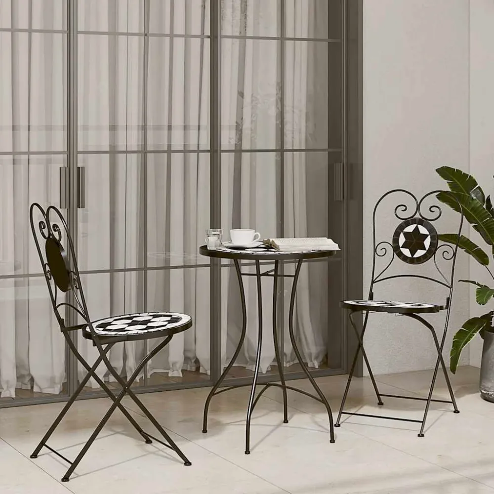 Set Modulare Set da Bistrot con Mosaico Nero e Bianco Ferro e Ceramica