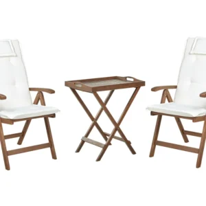 Set per Giardino Set bistrot legno di acacia scuro con cuscini bianco infangato AMANTEA