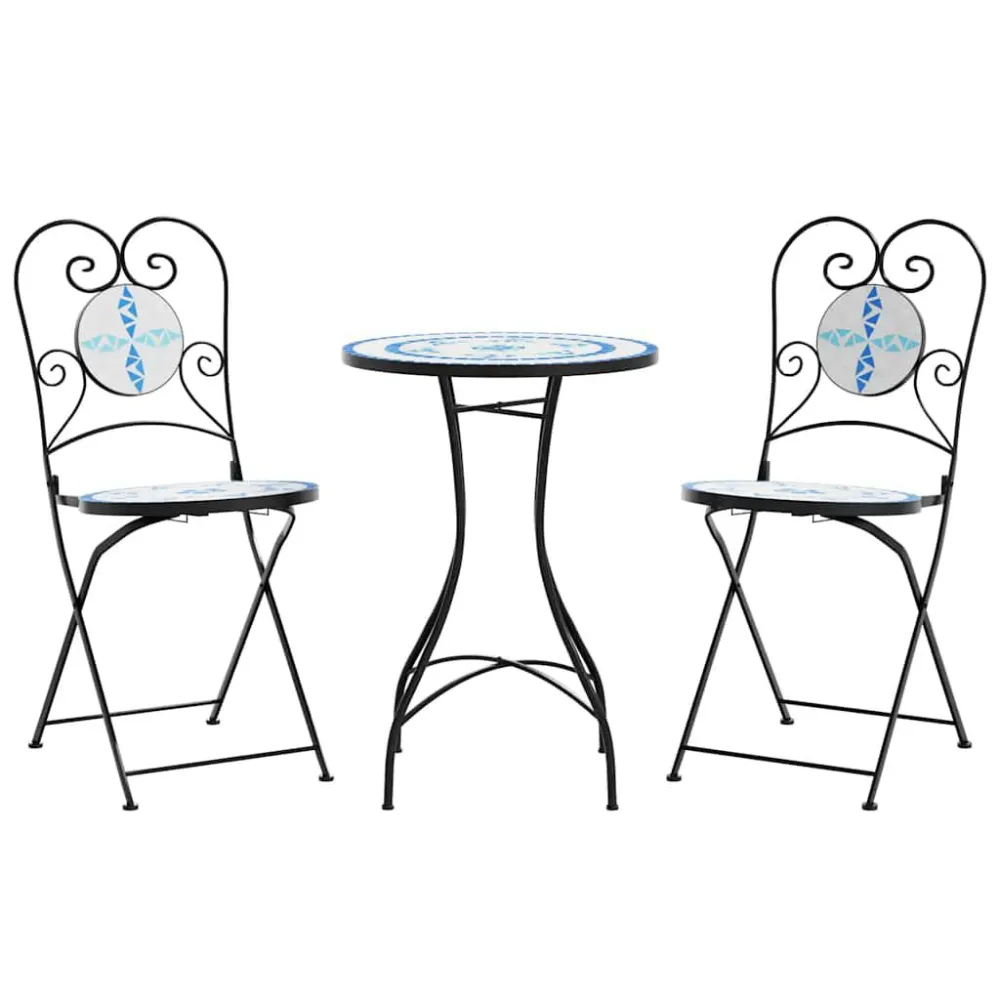 Set PoliRattan Set da Bistrot con Mosaico Blu e Bianco Ferro e Ceramica