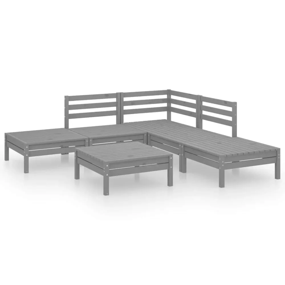 Set PoliRattan Set Salotto da Giardino 6 pz Legno Massello di Pino Grigio
