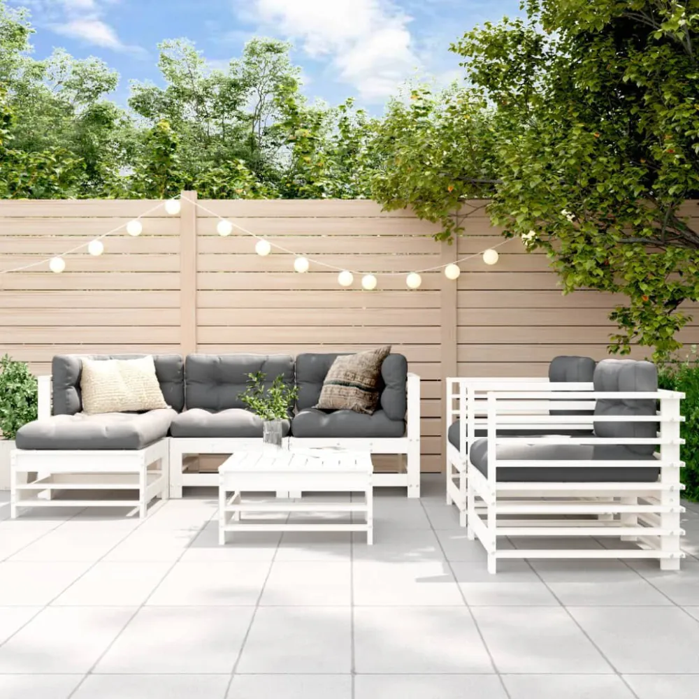 Set Salotto da Giardino 7 pz Bianco Legno Massello di Pino Alluminio e Tessuto