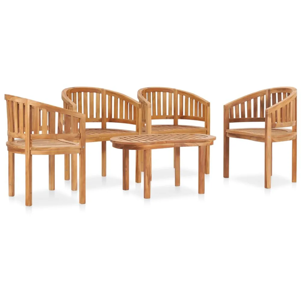 Set Salotto da Giardino 5 pz Design Curvo Massello di Teak - Con Cuscini Inclusi