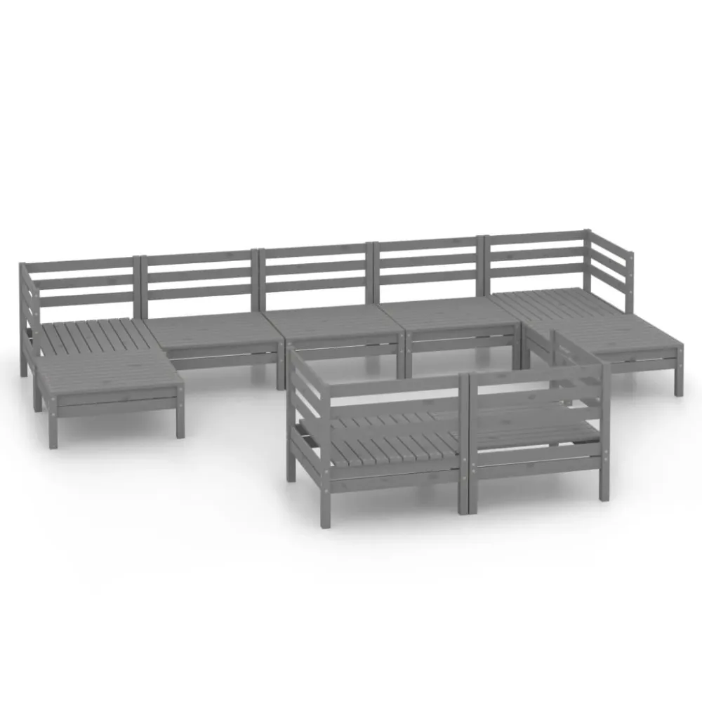 Set Salotto da Giardino 9 pz Grigio Legno Massello di Pino Materiale Resina Intrecciata