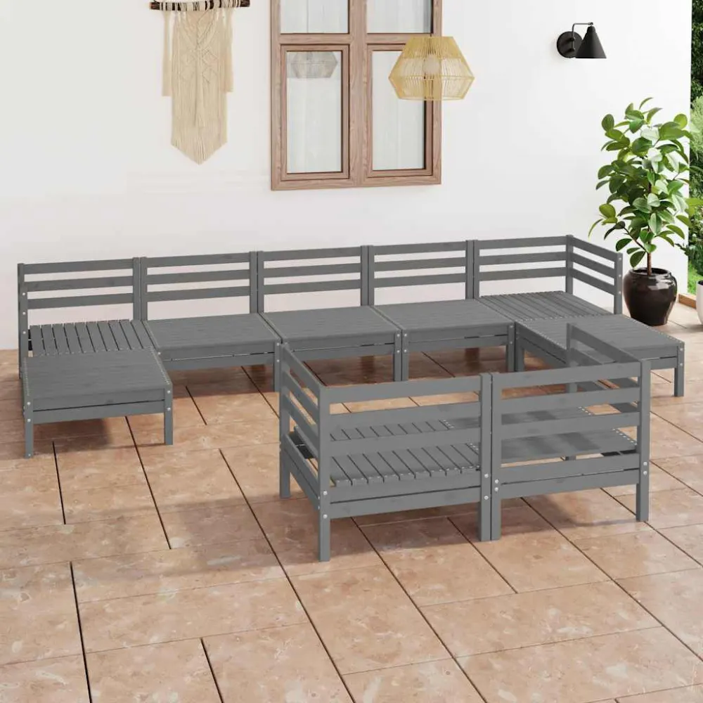 Set Salotto da Giardino 9 pz Grigio Legno Massello di Pino Materiale Resina Intrecciata