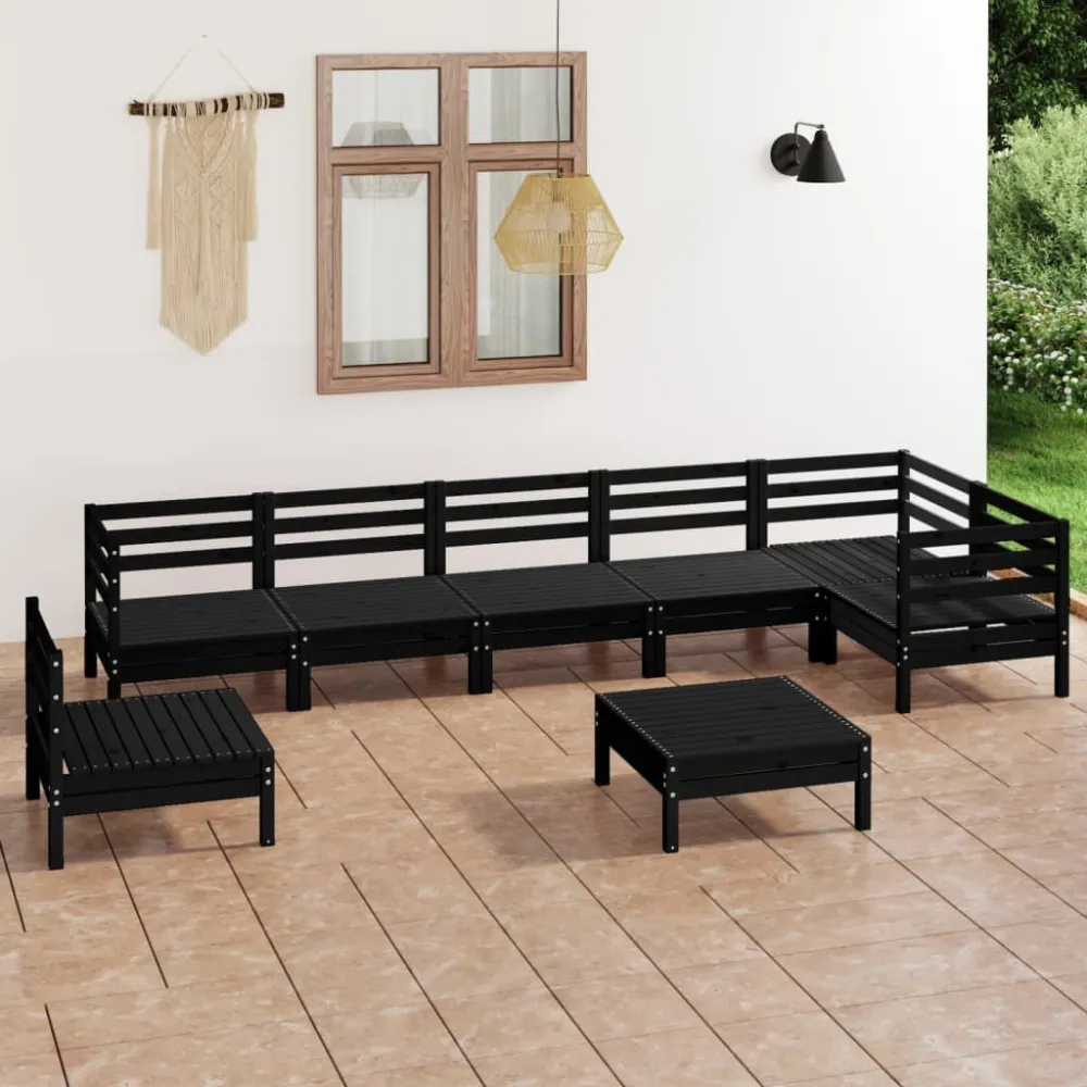 Set Salotto da Giardino 8 pz Legno Massello di Pino Nero Materiale Resina Intrecciata