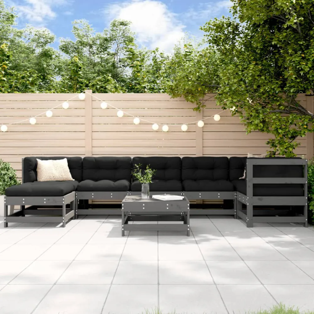 Set Salotto da Giardino 8 pz Legno Massello di Pino Grigio con Tavolo Allungabile