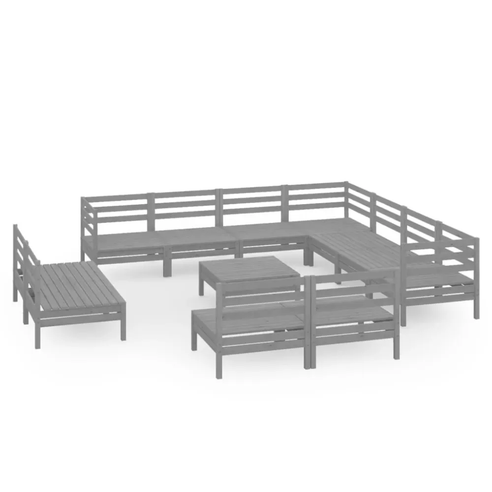 Set Salotto da Giardino 12 pz Legno Massello di Pino Grigio con 4 Sedie e Tavolo