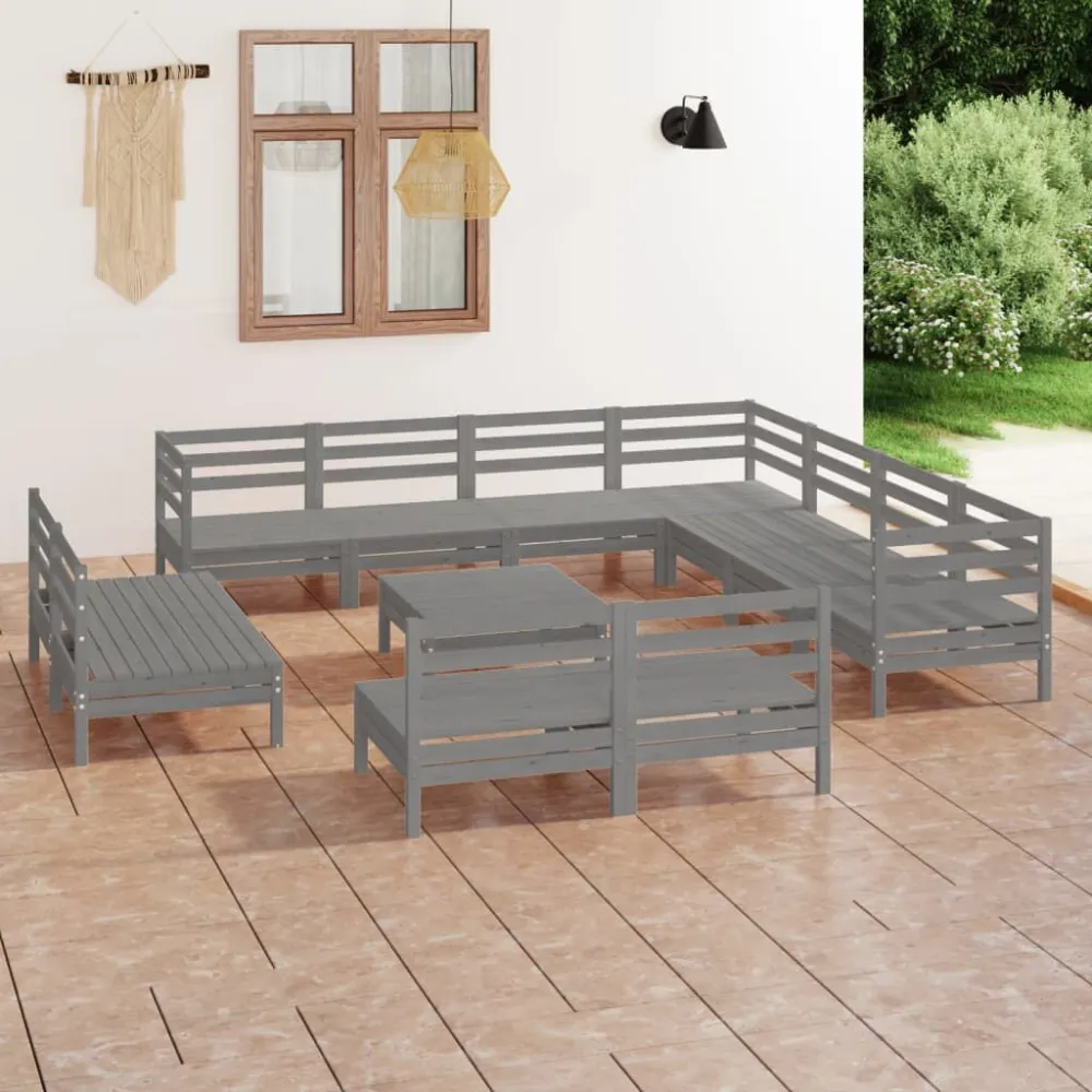 Set Salotto da Giardino 12 pz Legno Massello di Pino Grigio con 4 Sedie e Tavolo