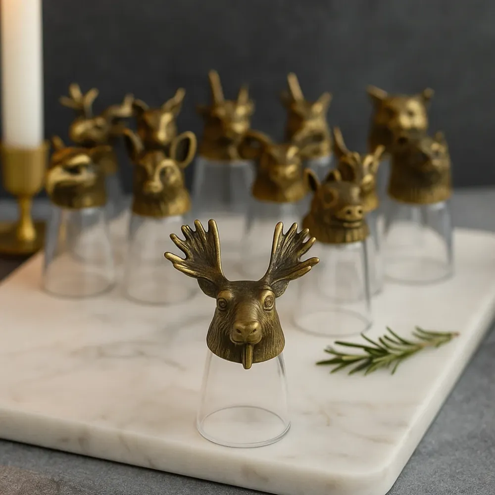 12 Bicchieri da Shot Bottom-Up con Animali del Bosco, Bronzo Antico