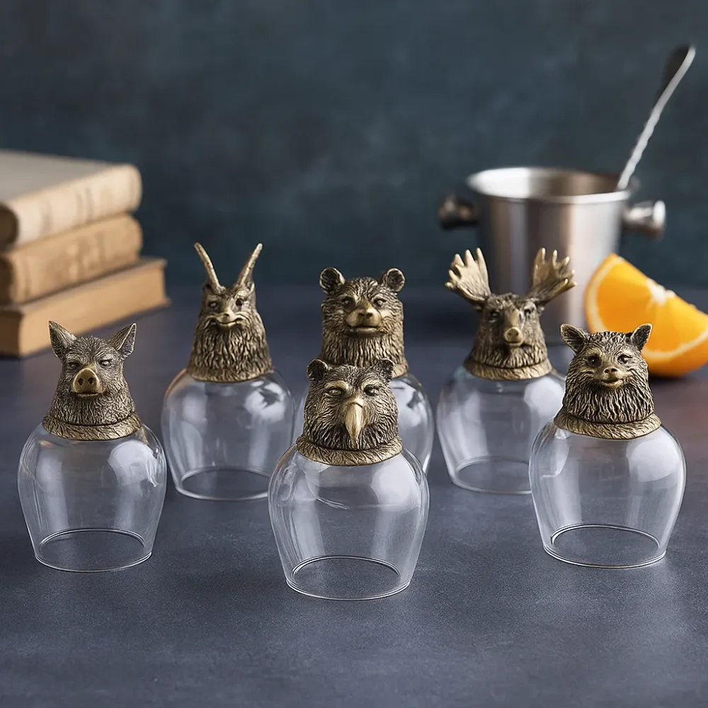 Set di 5 bicchierini da 50 ml con testa di animale bronzo antico