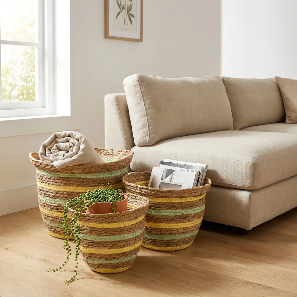 Cesti Forma di Vaso Erba Marina e Paglia – Giallo Naturale e Verde – Set da 3