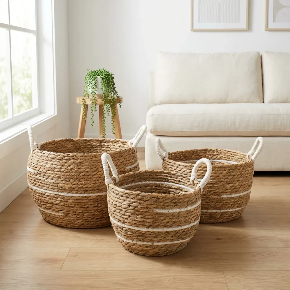 Cesti grandi cotone e erba marina – Righe naturali – Set da 3