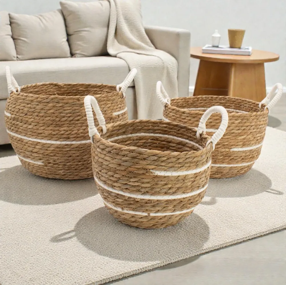 Cesti grandi cotone e erba marina – Righe naturali – Set da 3