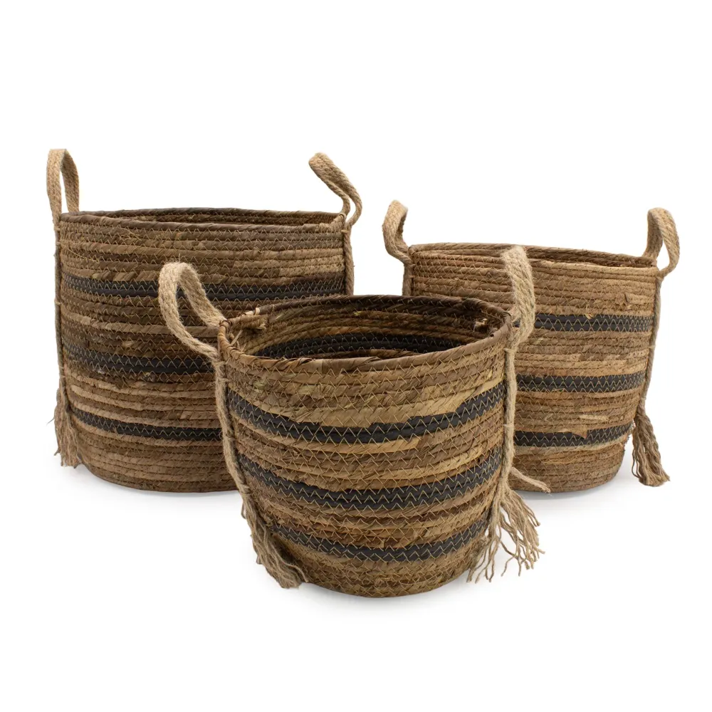 Cesti grandi foglia di banano e erba marina – Toni naturali marroni - Set da 3