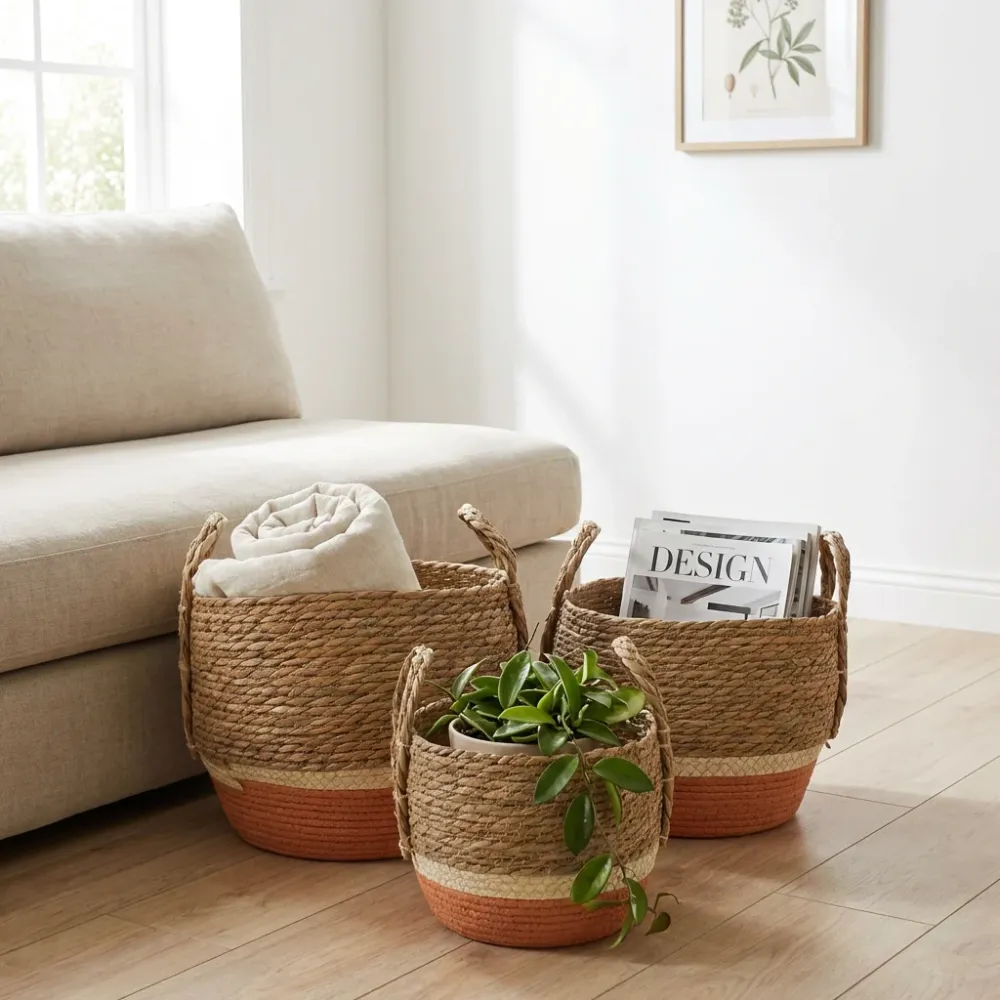 Cesti grandi paglia e erba marina – Naturale e arancione - Set da 3
