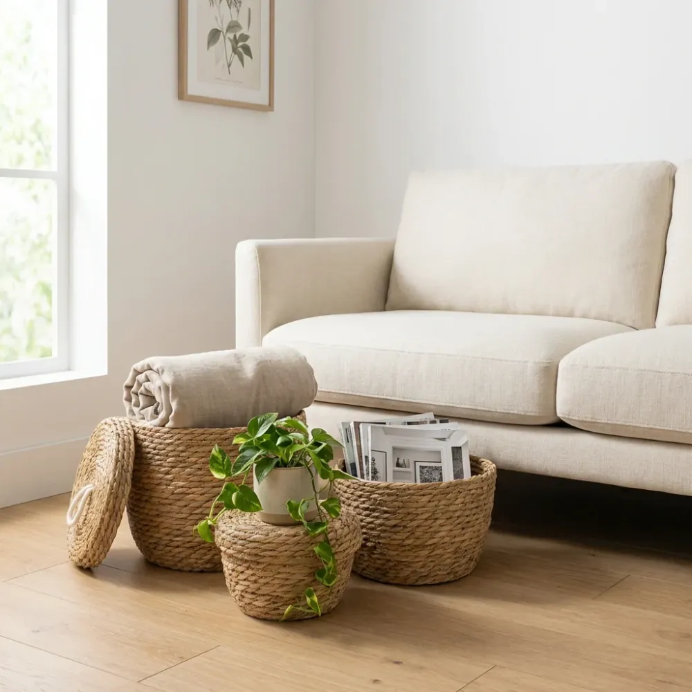 Cesti rotondi erba marina e cotone con coperchi – Naturale – Set da 3