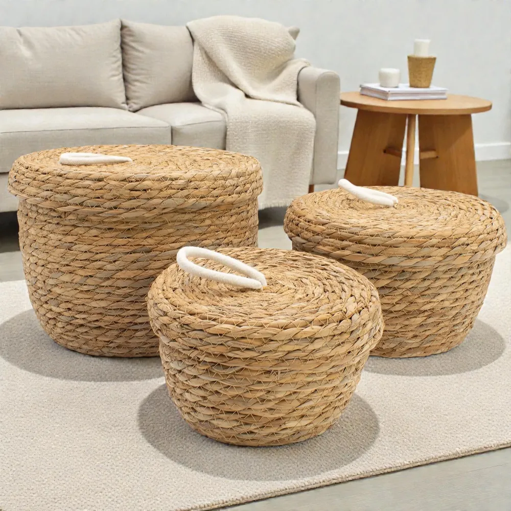 Cesti rotondi erba marina e cotone con coperchi – Naturale – Set da 3