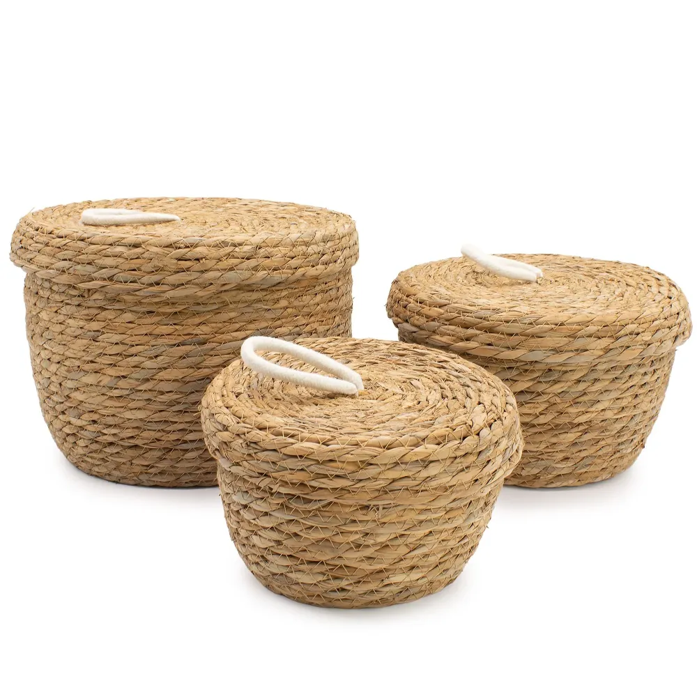 Cesti rotondi erba marina e cotone con coperchi – Naturale – Set da 3