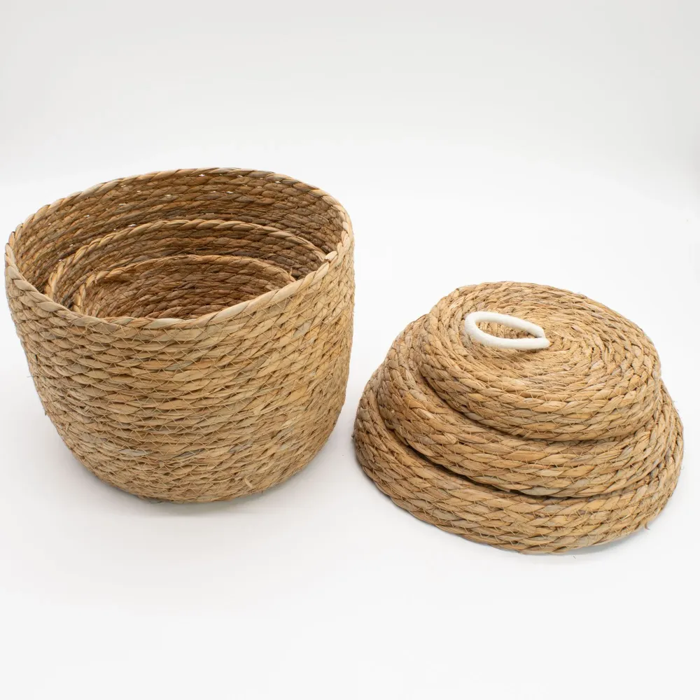 Cesti rotondi erba marina e cotone con coperchi – Naturale – Set da 3