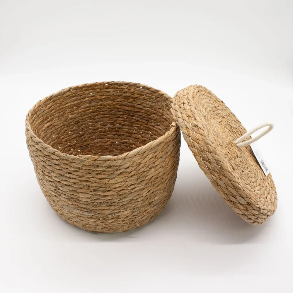 Cesti rotondi erba marina e cotone con coperchi – Naturale – Set da 3