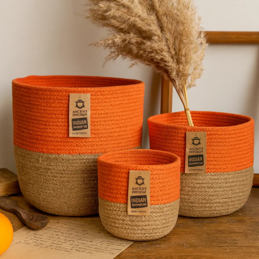 Set di 3 Cesti Portaoggetti Corda di Cotone Arancione