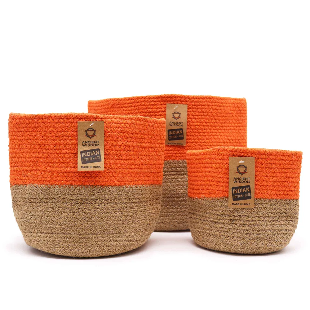 Set di 3 Cesti Portaoggetti Corda di Cotone Arancione