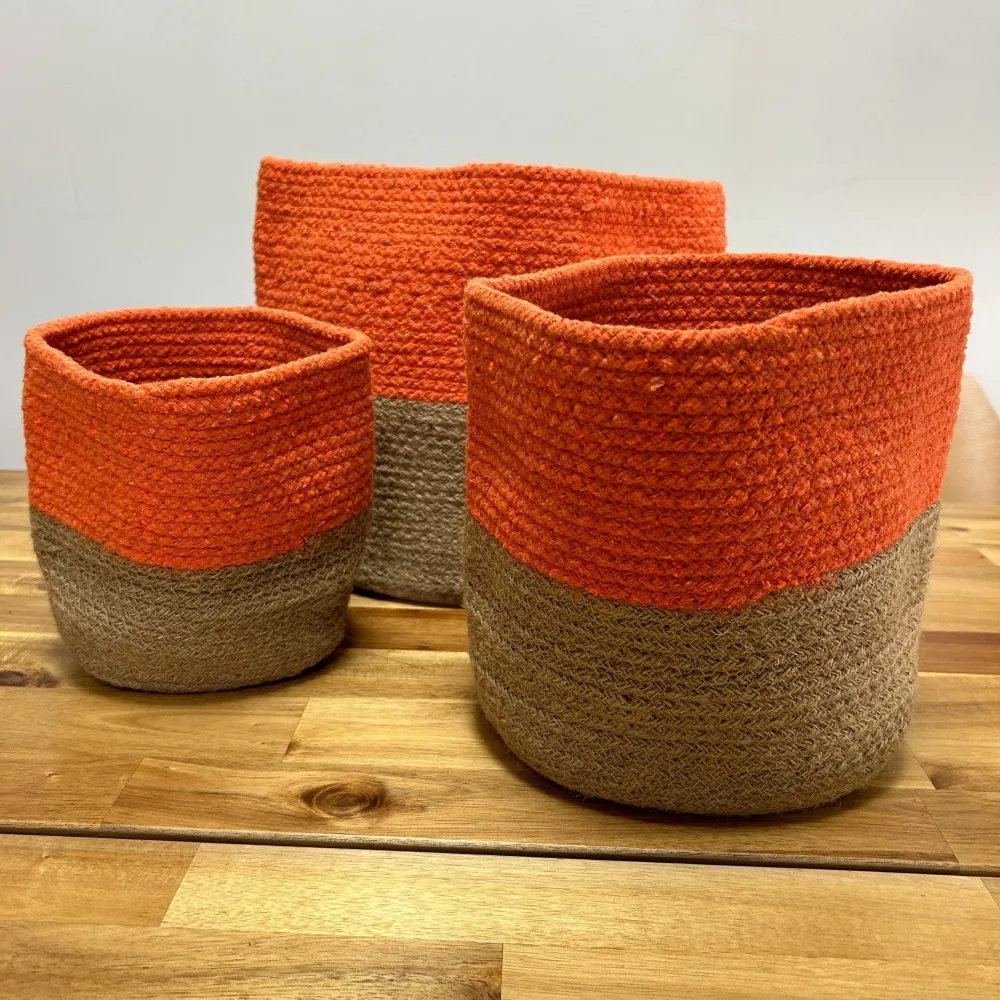 Set di 3 Cesti Portaoggetti Corda di Cotone Arancione