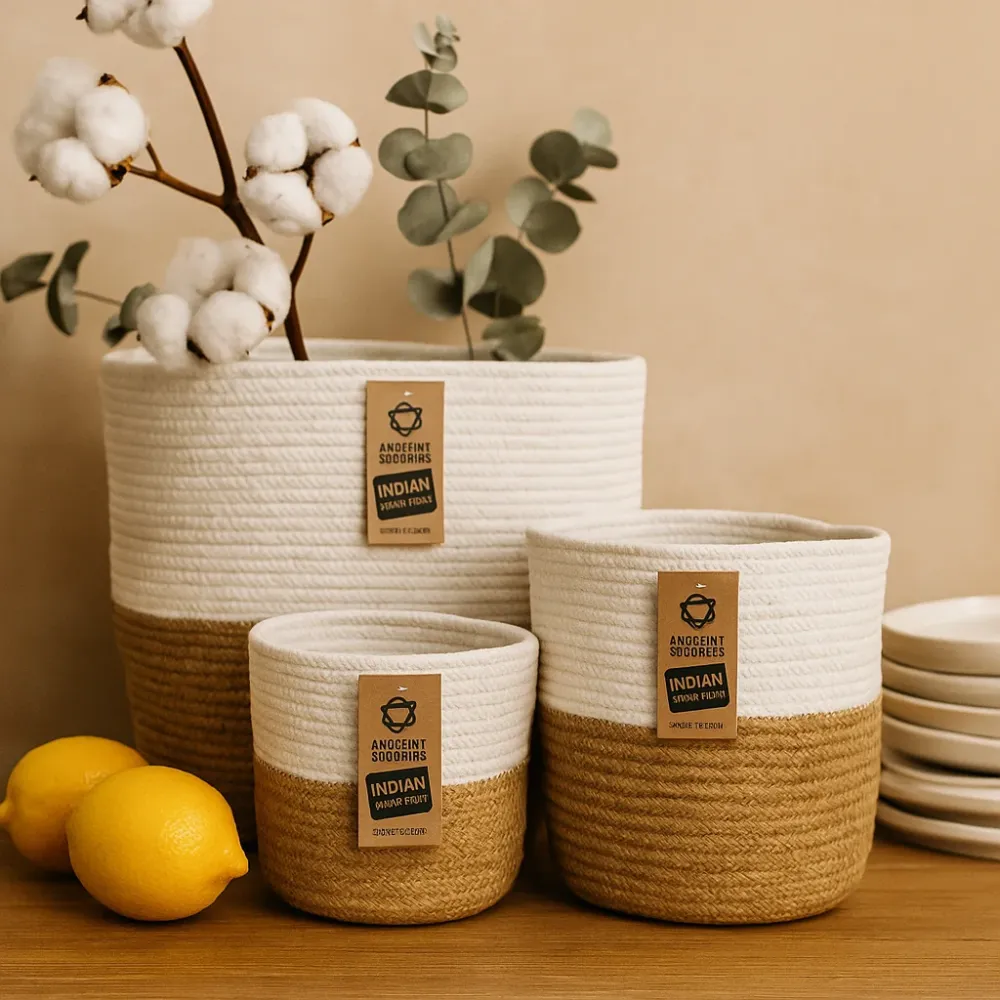 Set di 3 Cesti Portaoggetti Corda di Cotone e Juta