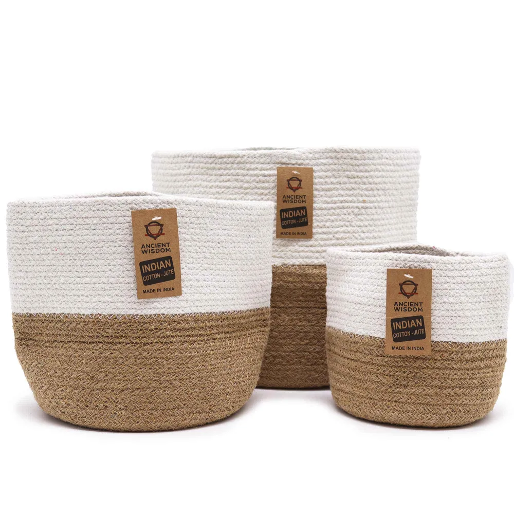 Set di 3 Cesti Portaoggetti Corda di Cotone e Juta