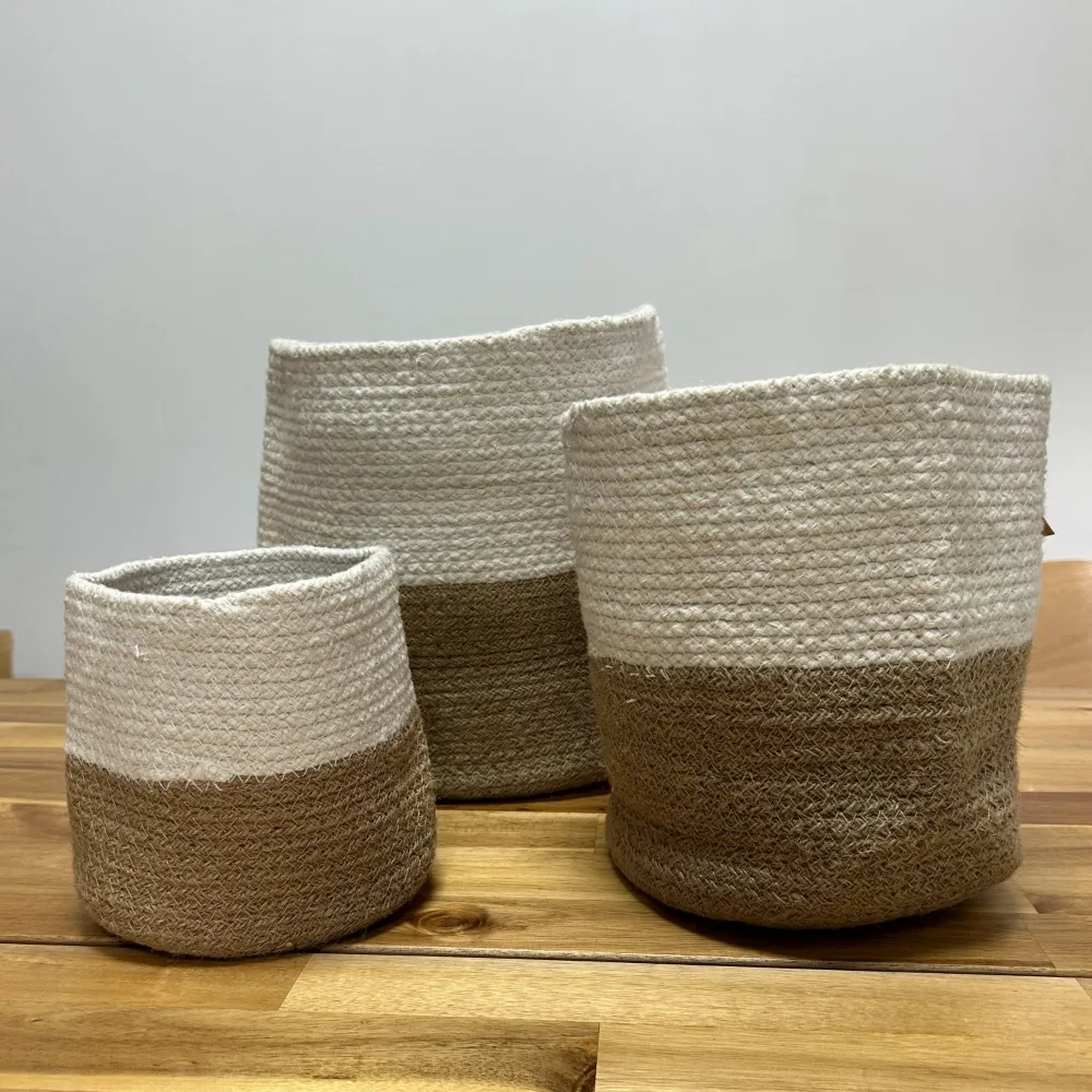 Set di 3 Cesti Portaoggetti Corda di Cotone e Juta