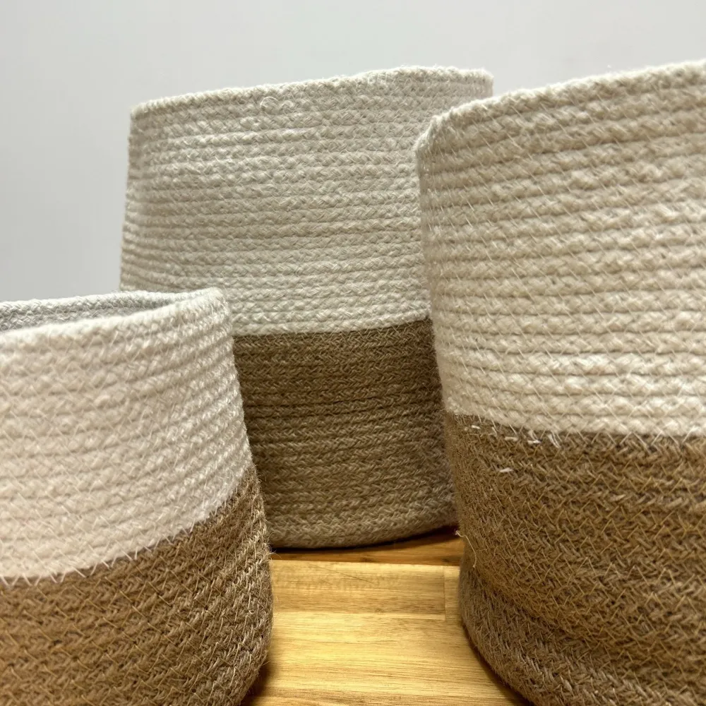 Set di 3 Cesti Portaoggetti Corda di Cotone e Juta