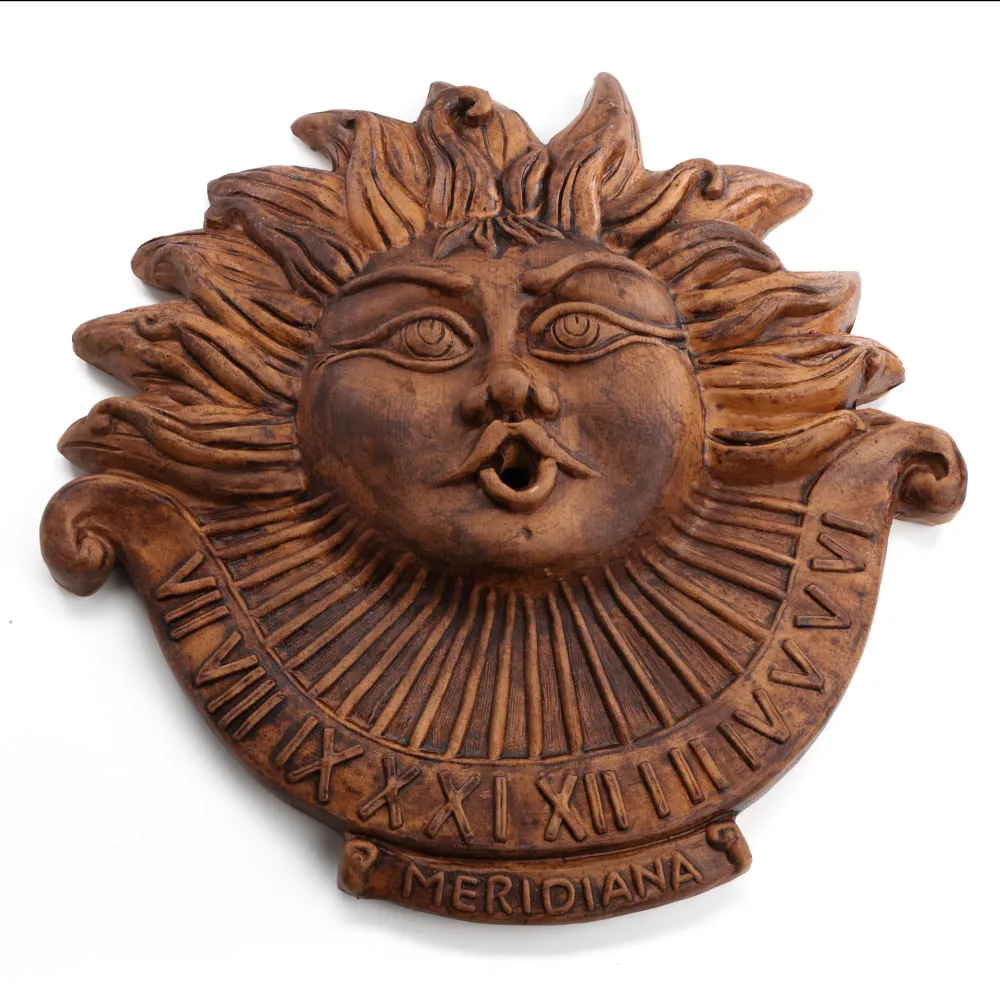 Meridiana da Parete Terracotta effetto invecchiato– Forma di Sole, Orologio Solare Decorativo per Esterni