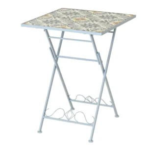 Tavolino quadrato da esterno metallo e mosaico celeste stile mediterraneo, con piano piastrelle lavorazione rilievo - 58x5...