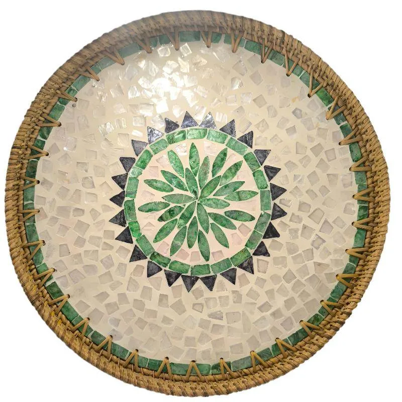 Vassoio rotondo rattan con mosaico - 35 cm