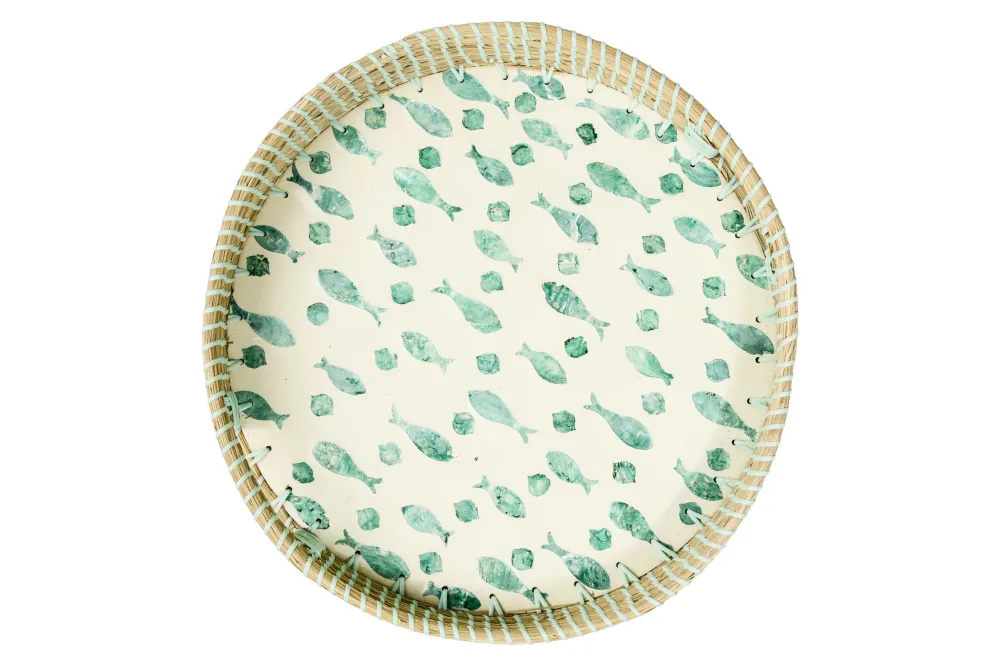 Vassoio tondo giunco marino con mosaico madreperla pesci blu