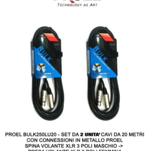 Telo di Protezione Impermeabile Proel BULK250LU20 Set da 2 Cavi Cannon XLR 3P M Cannon XLR 3P F 20mt