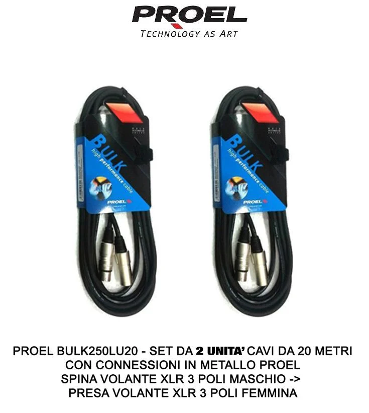 Telo di Protezione Impermeabile Proel BULK250LU20 Set da 2 Cavi Cannon XLR 3P M Cannon XLR 3P F 20mt