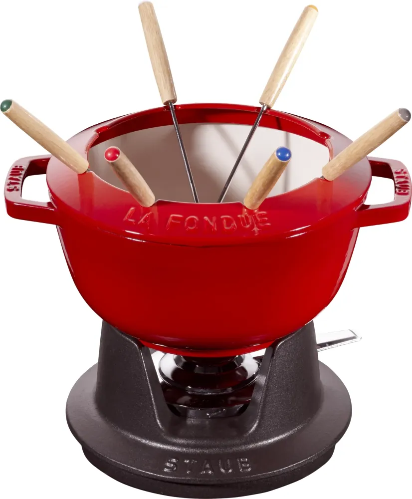 Set fonduta rosso ciliegia con 2 manici, rotondo. 20 cm