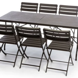 Set Tavolo e 6 Sedie Pieghevoli da Giardino Ferro Taddei Plastik Wood Marrone Scuro