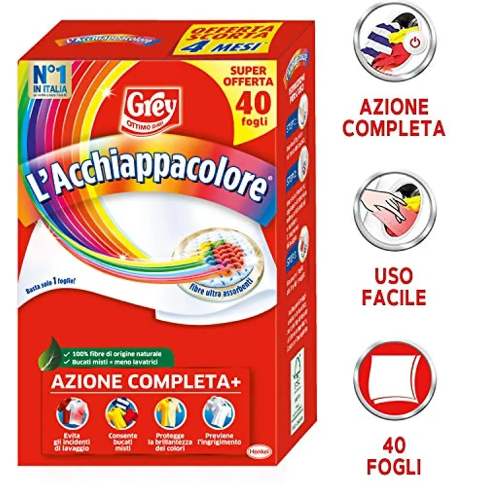 Grey L'Acchiappacolore Fogli Cattura Colore, Evita Incidenti Lavaggio, Confezione da 160 Fogli, 4 X 40